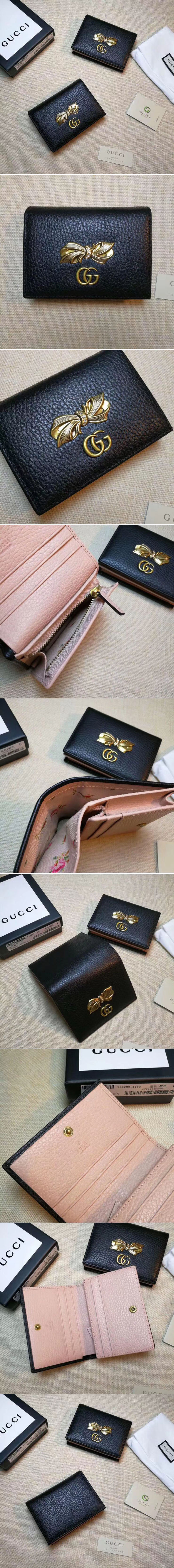 Replica Gucci 523664 Leather card case with bow Black