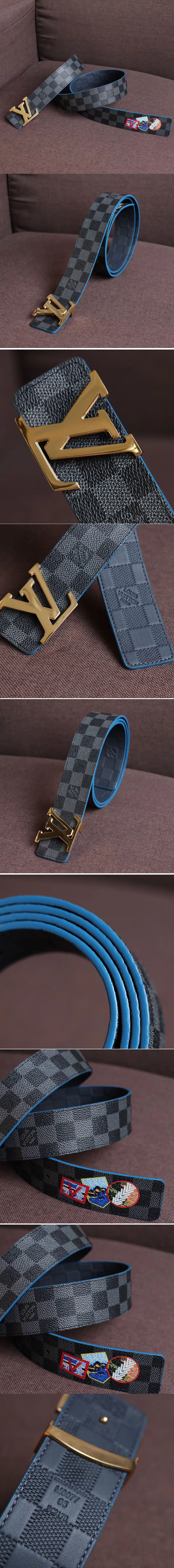 Replica Louis Vuitton M0077T LV Damier Print 40mm Reversible Belt Damier Graphite Canvas Gold Buckle