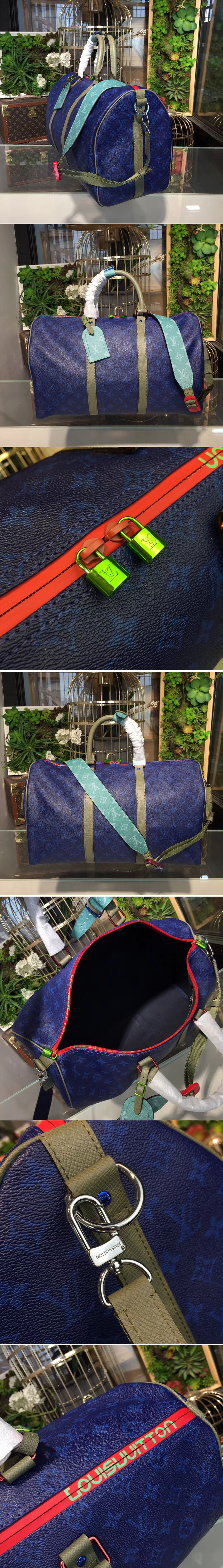 Replica Louis Vuitton M43855 Keepall Bandouliere 45 Monogram Blue Canvas Bags