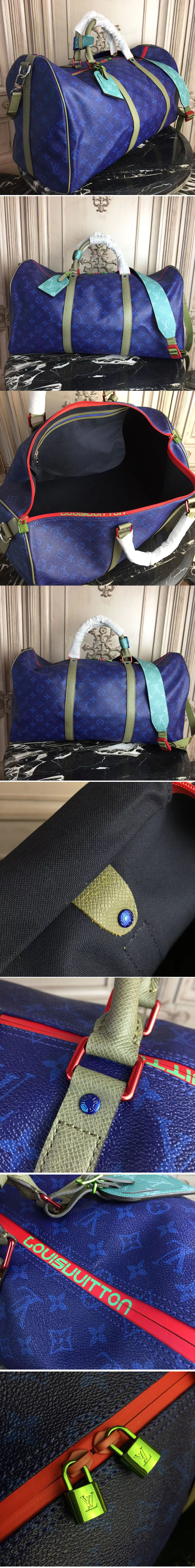 Replica Louis Vuitton M43857 Keepall Bandouliere 50 Monogram Blue Canvas Bags