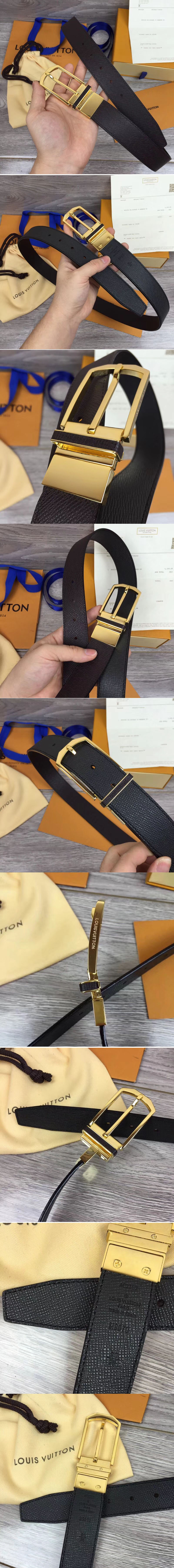 Replica Louis Vuitton M9070U LV Slender 35mm Reversible Mens Belt Ttaiga Leather Gold Buckle