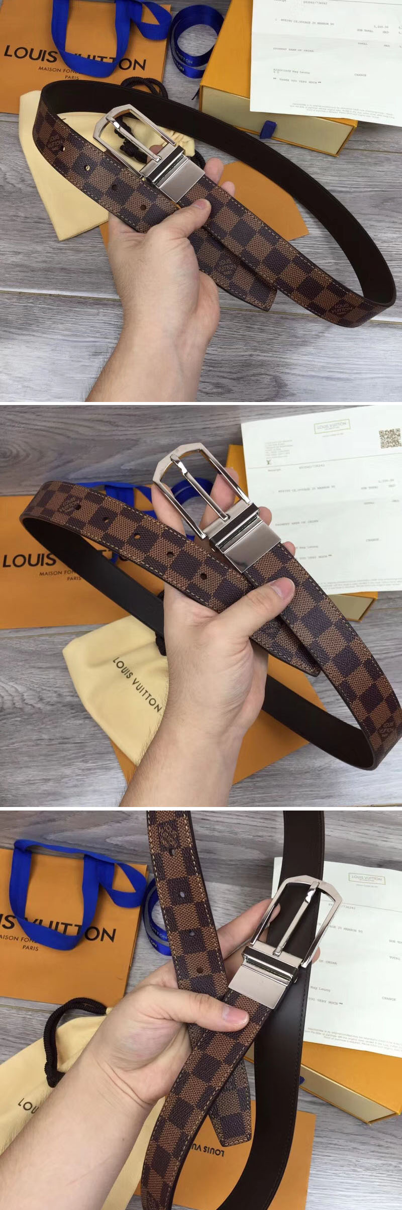 Replica Louis Vuitton M9075Q LV Slender 35mm Reversible Mens Belt Damier Ebene Canvas Silver Buckle