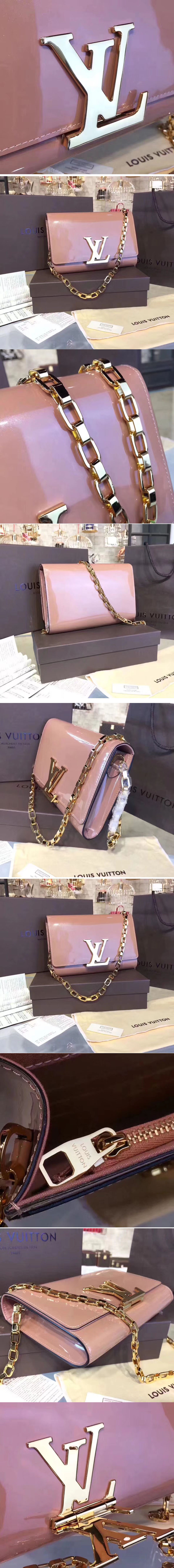 Replica Louis Vuitton M94425 Patent Calfskin Chain Louise GM Bags Pink