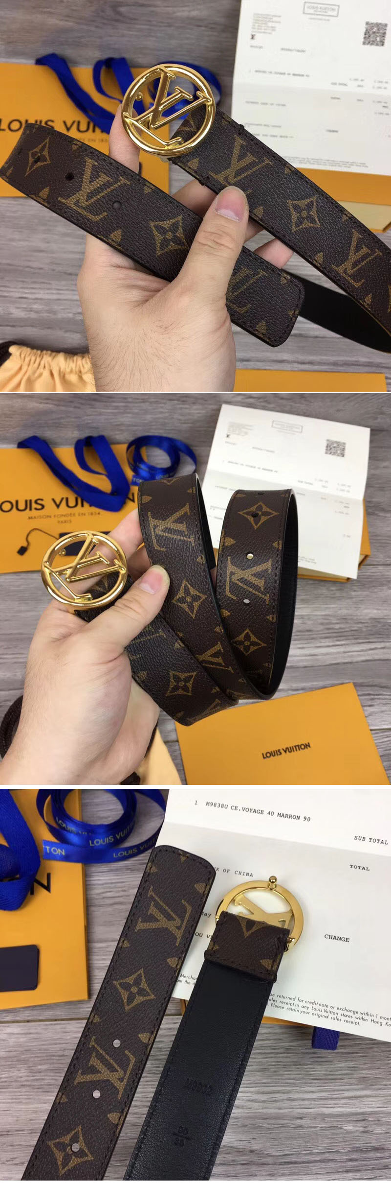 Replica Louis Vuitton M9932Q LV Circle 35mm Mens Belts Monogram Canvas Gold Buckle