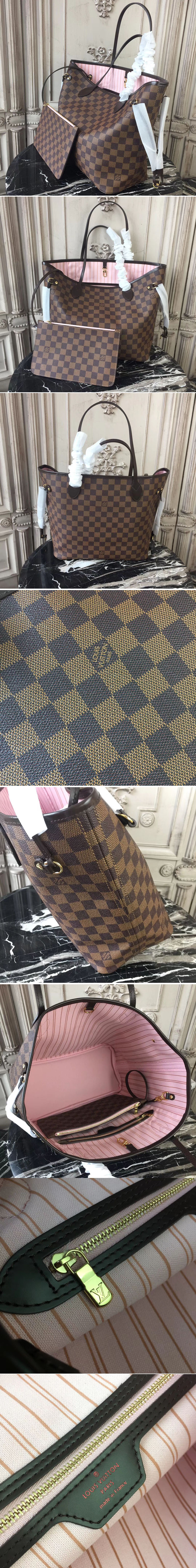 Replica Louis Vuitton N41603 Neverfull MM Damier Ebene Canvas Bags Pink