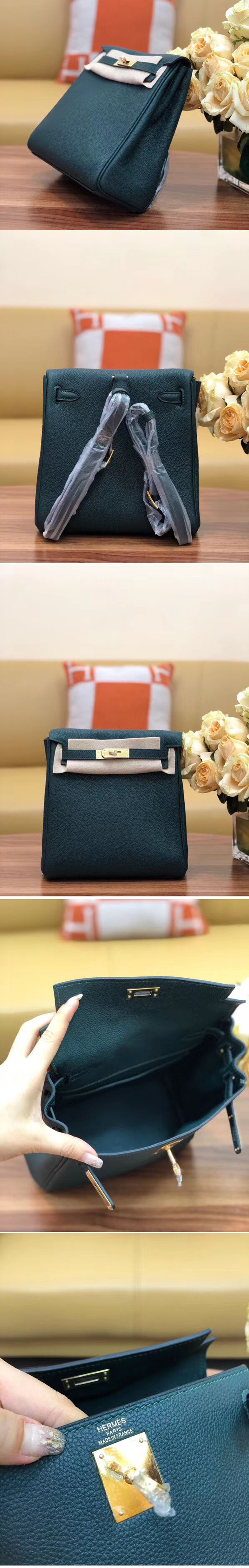 Replica Hermes kelly ado 22cm backpack Original Green  Togo Leather Full Handstitch Gold Hardware