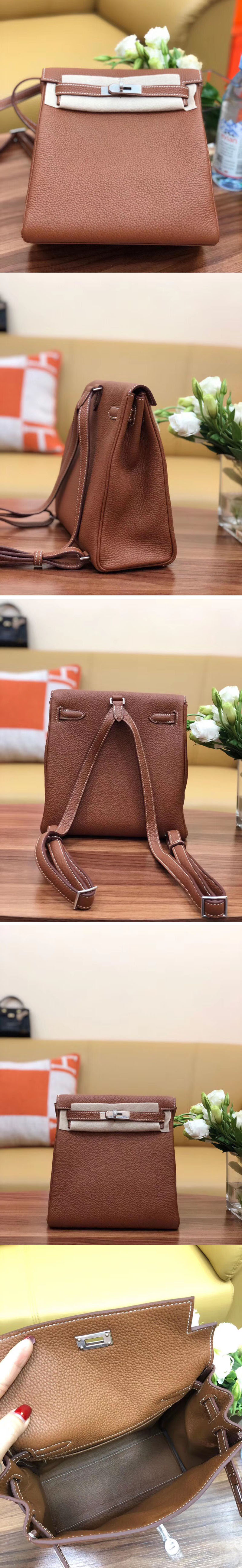 Replica Hermes kelly ado 22cm backpack Original Togo Leather Full Handstitch Tan Leather Silver Hardware