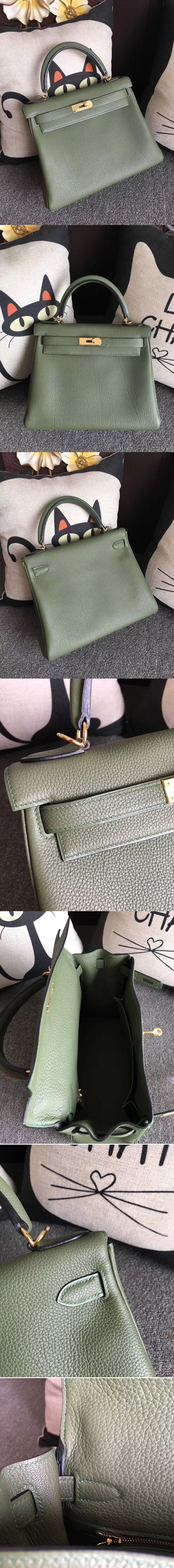 Replica Hermes Kelly 28 Tote Bags Original Green Togo Leather Full Handstitched 