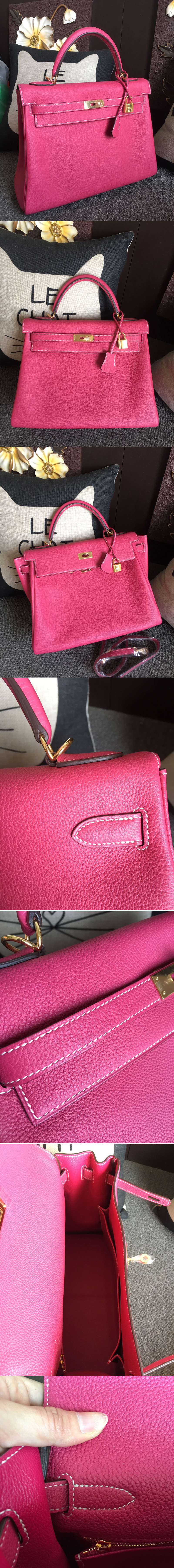 Replica Hermes Kelly 28cm Bag Full Handmade in Original Raspberry Togo Leather With Gold Buckle