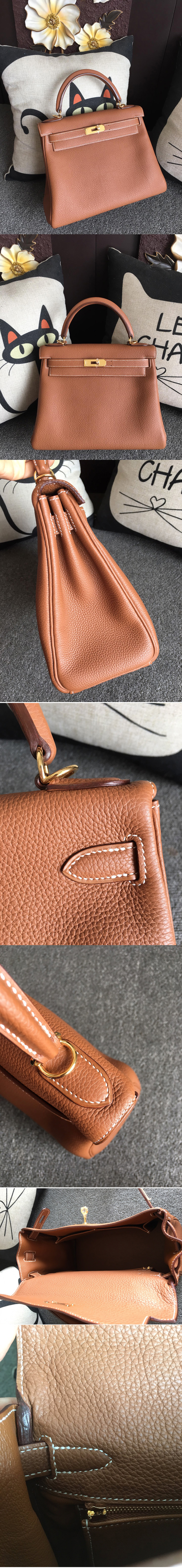 Replica Hermes Kelly 28cm Bag Full Handmade in Original Brown Togo Leather With Gold Buckle