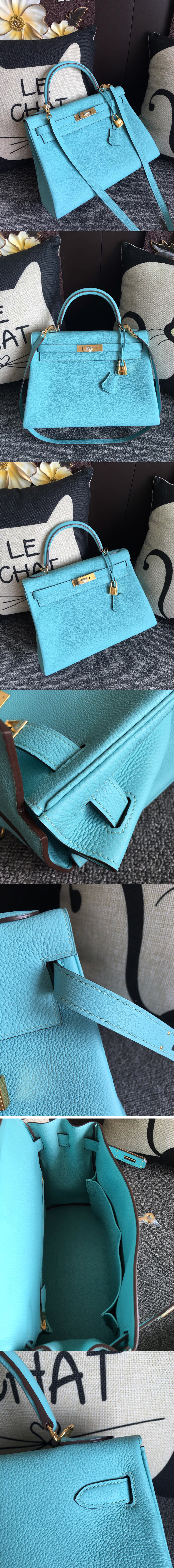 Replica Hermes Kelly 28cm Bag Full Handmade in Original Light Blue Togo Leather With Gold Buckle