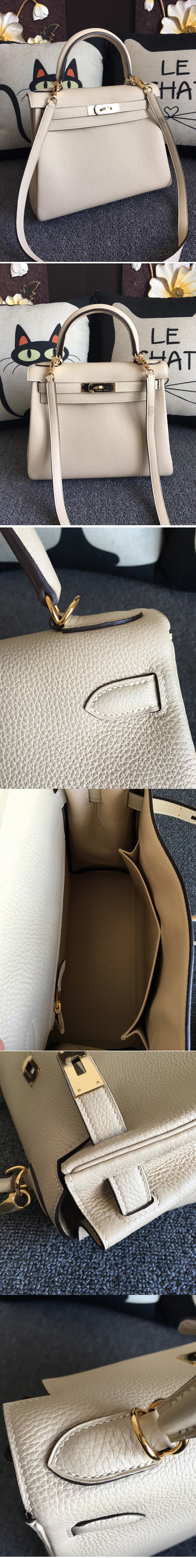 Replica Hermes Kelly 28cm Bag Full Handmade in Original Cream Togo Leather With Silver Buckle