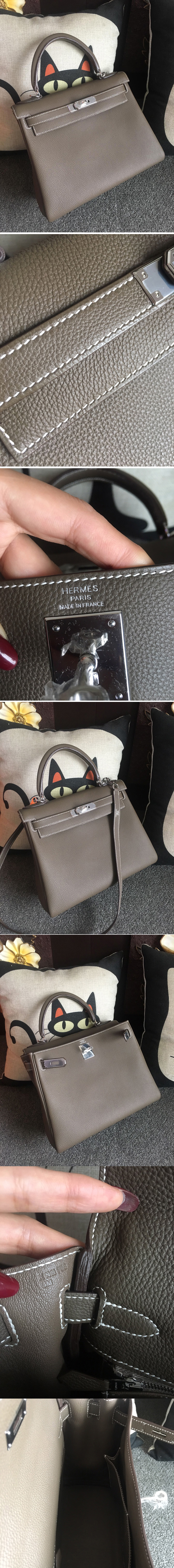 Replica Hermes Kelly 28cm Bag Full Handmade in Original Gray Togo Leather With Silver Buckle