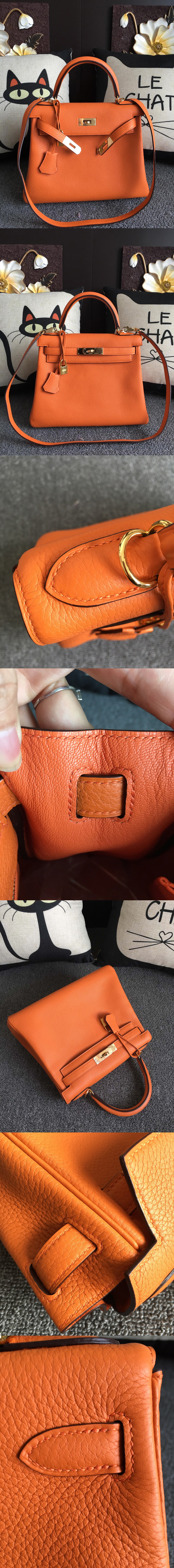 Replica Hermes Kelly 28cm Bag Full Handmade in Original Orange Togo Leather With Gold Buckle