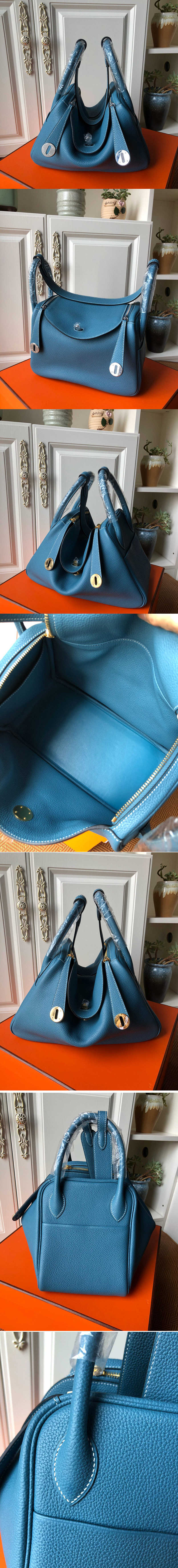 Replica Hermes Lindy 26cm Bag in Original Blue Togo Leather With Silver Buckle