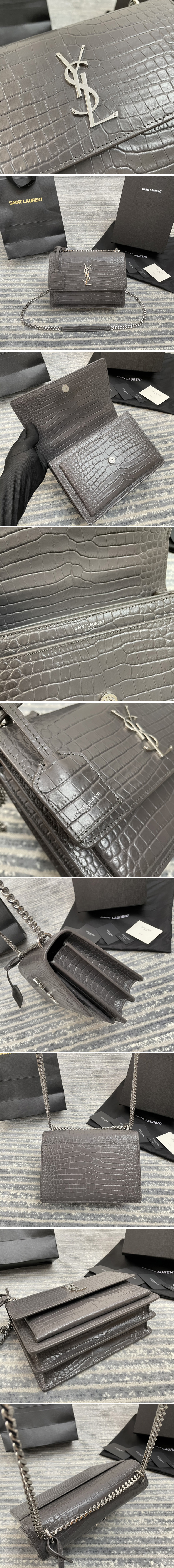 Replica YSL 442906 Saint Laurent Medium Sunset Monogram Bag in Gray Crocodile Leather With Silver Hardware