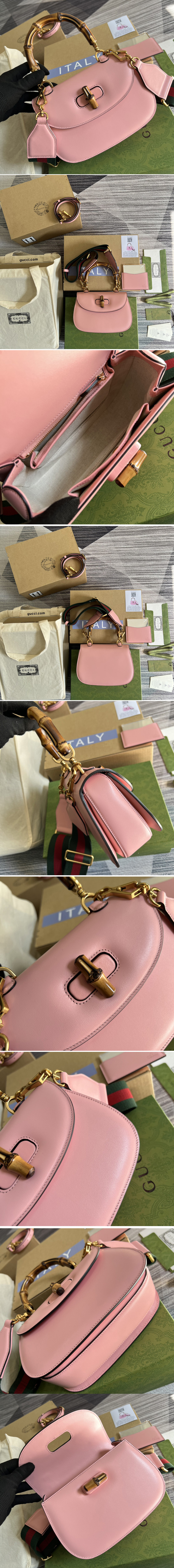 Replica Gucci ‎675797 Small top handle bag with Bamboo in Pink leather