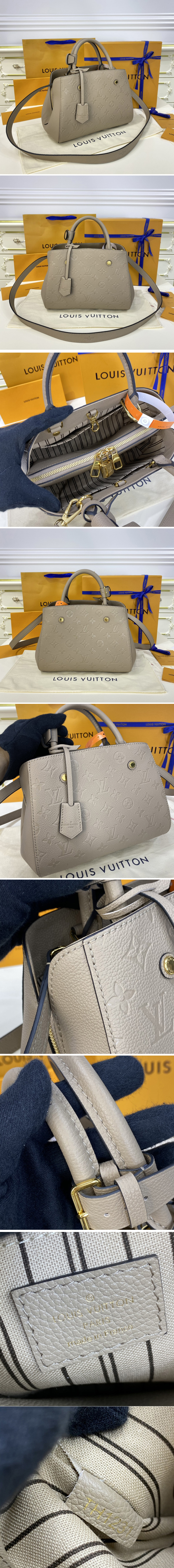 Replica Louis Vuitton M41053 LV Montaigne BB handbag in Tourterelle Grey Monogram Empreinte leather