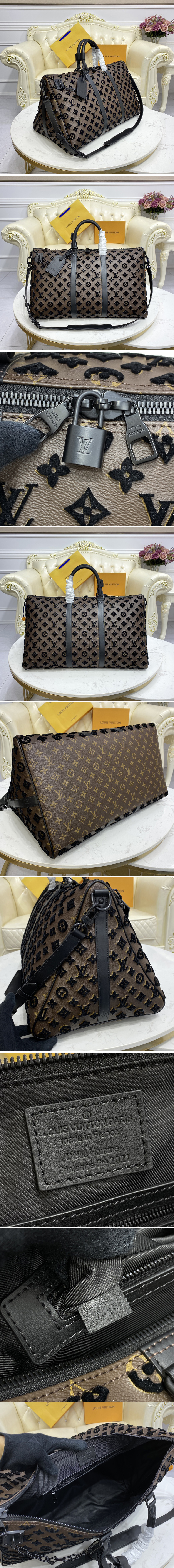 Replica Louis Vuitton M45046 LV Keepall triangle Bandoulière 50 Travel Bag in Black Monogram Tuffetage Jaune