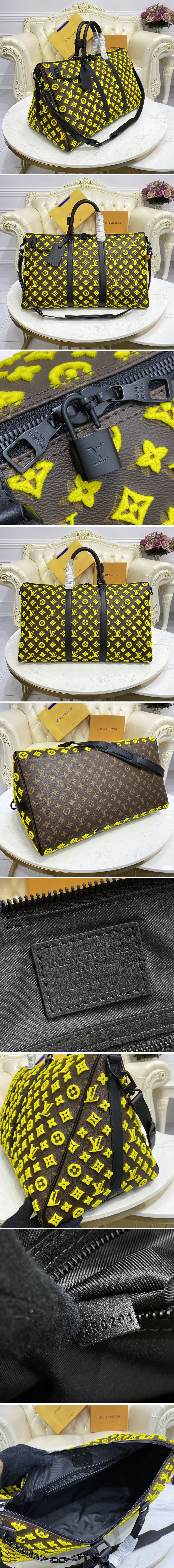 Replica Louis Vuitton M45069 LV Keepall triangle Bandoulière 50 Travel Bag in Yellow Monogram Tuffetage Jaune