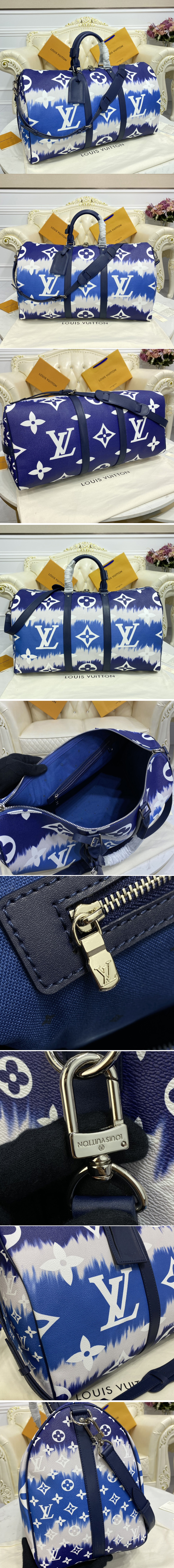 Replica Louis Vuitton M45117 LV Keepall Bandoulière 50 travel bag in Blue Monogram coated canvas