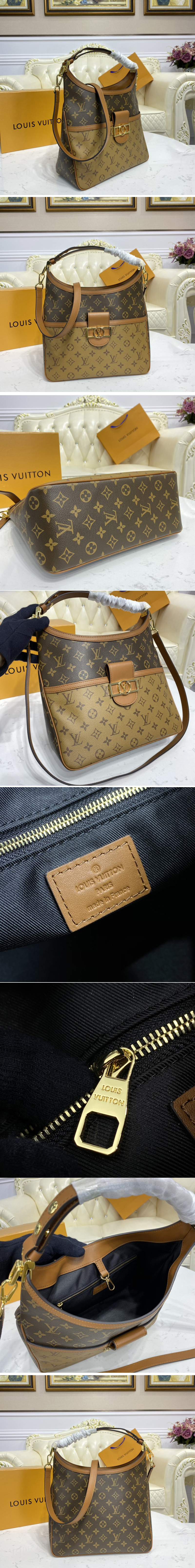 Replica Louis Vuitton M45195 LV Hobo Dauphine MM handbag in Monogram coated canvas and Monogram Reverse coated canvas