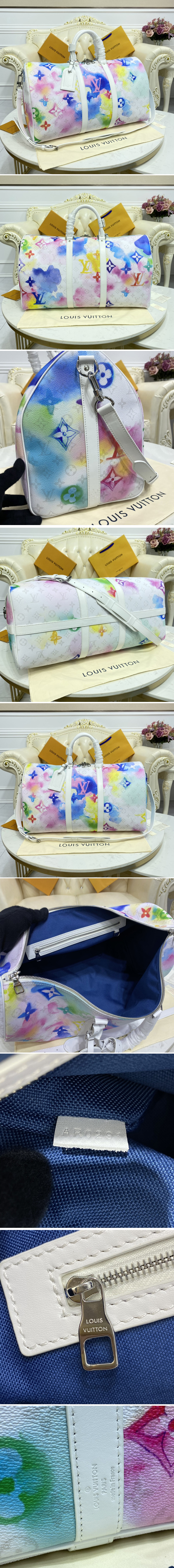 Replica Louis Vuitton M45758 LV Keepall 50 Bandoulière Bag in Monogram Watercolor Multico coated canvas