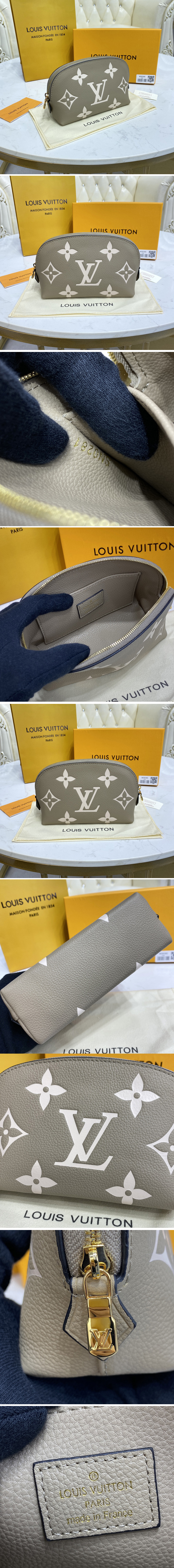 Replica Louis Vuitton M45951 LV Pochette Cosmetique PM in Dove Gray/Cream Monogram Empreinte leather