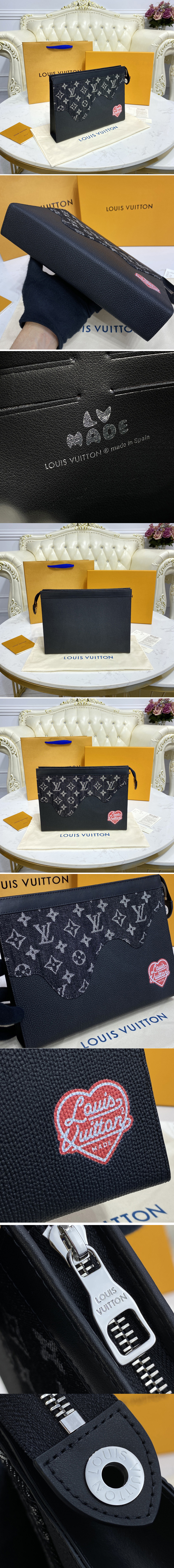 Replica Louis Vuitton M45961 LV Pochette Voyage MM in Black Monogram denim and Taurillon leather