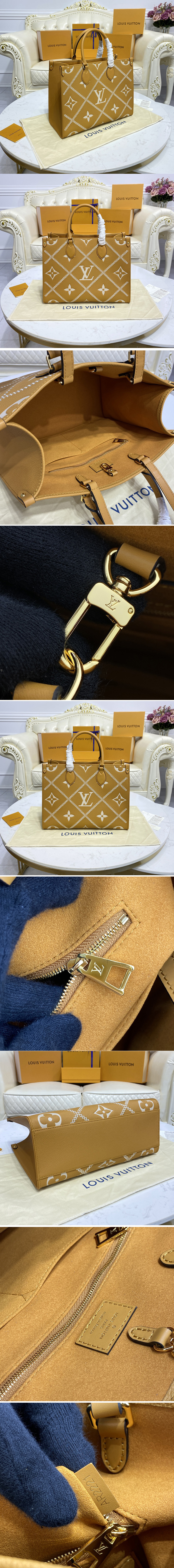 Replica Louis Vuitton M46015 LV Onthego MM tote Bag in Beige/Brown Monogram Empreinte leather