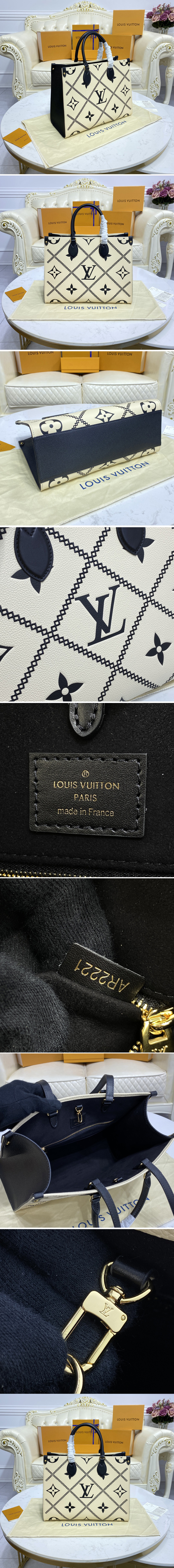 Replica Louis Vuitton M46016 LV Onthego MM tote Bag in Beige/Black Monogram Empreinte leather