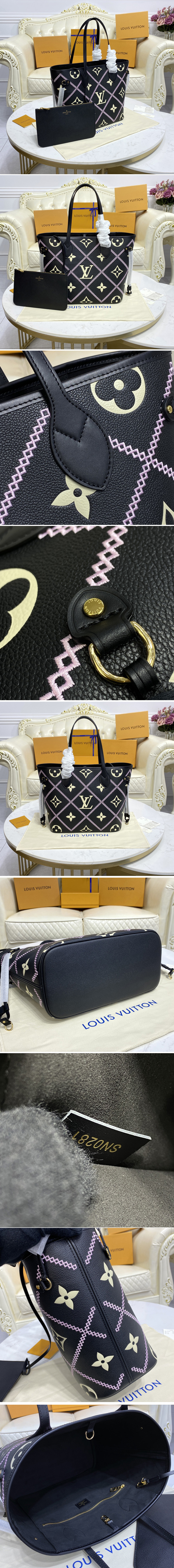 Replica Louis Vuitton M46040 LV Neverfull tote Bag in Black Monogram Empreinte leather