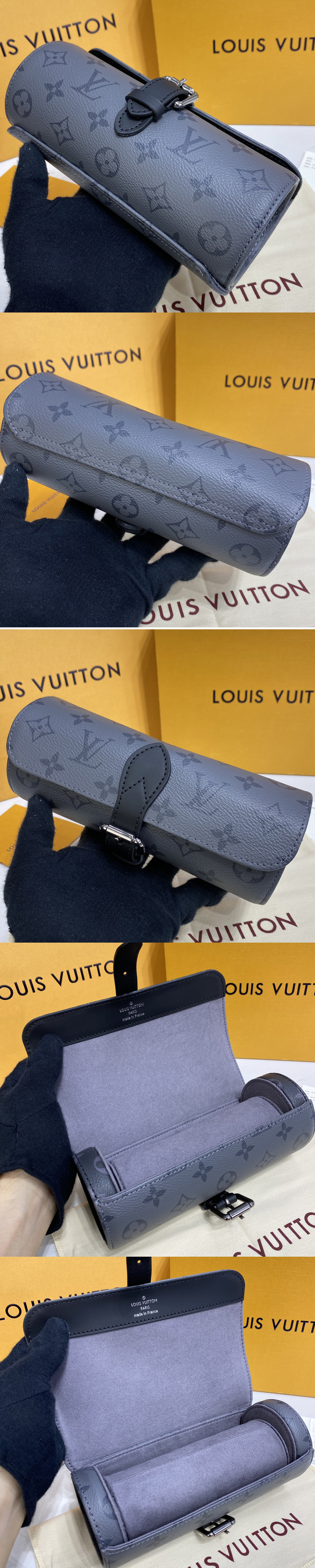 Replica Louis Vuitton M43385 LV 3 Watch Case in Grey Monogram Eclipse Canvas