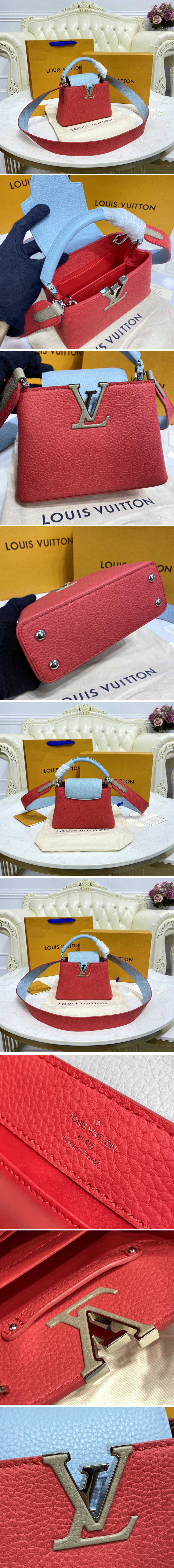 Replica Louis Vuitton M57520 LV Capucines Mini handbag in Coral/Greige Beige/Olympe Blue Taurillon leather