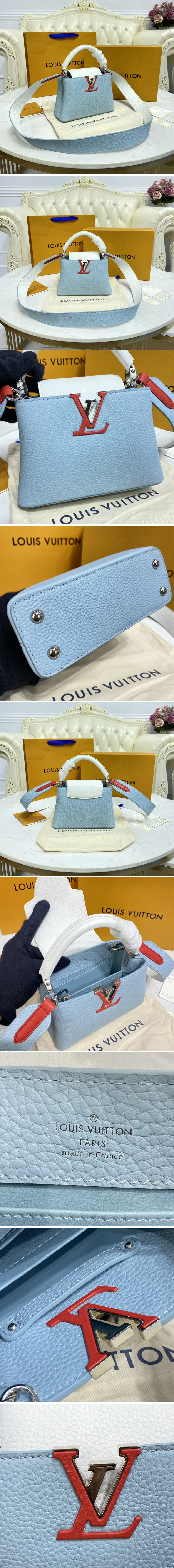 Replica Louis Vuitton M57519 LV Capucines Mini handbag in Olympe Blue/Red/White Taurillon leather