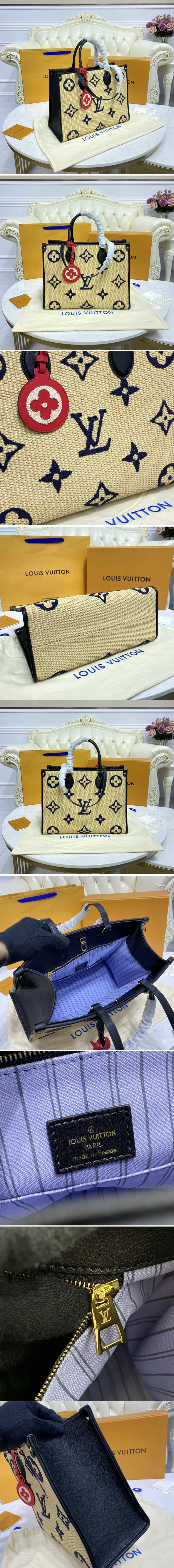 Replica Louis Vuitton M57723 LV OnTheGo MM tote bag in Blue Monogram Raffia