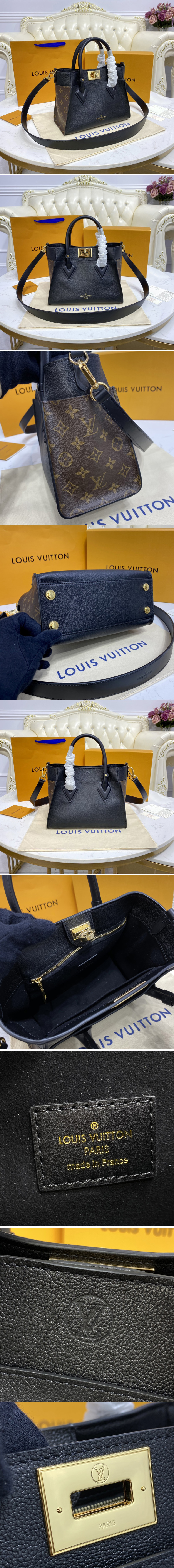 Replica Louis Vuitton M57728 LV On My Side PM tote bag in Black soft calf leather and Monogram canvas