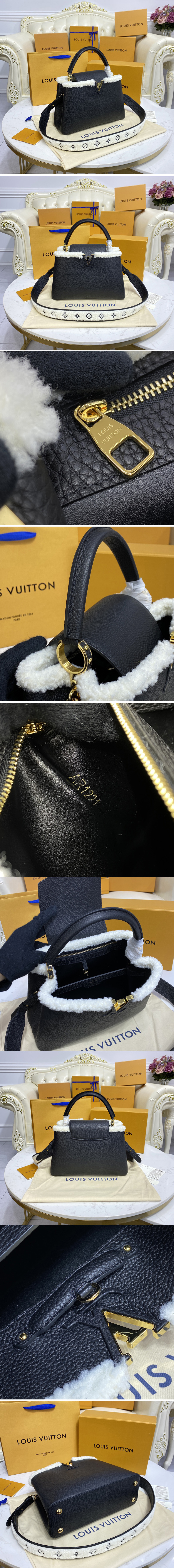 Replica Louis Vuitton M59073 LV Capucines MM handbag in Black Taurillon leather and shearling