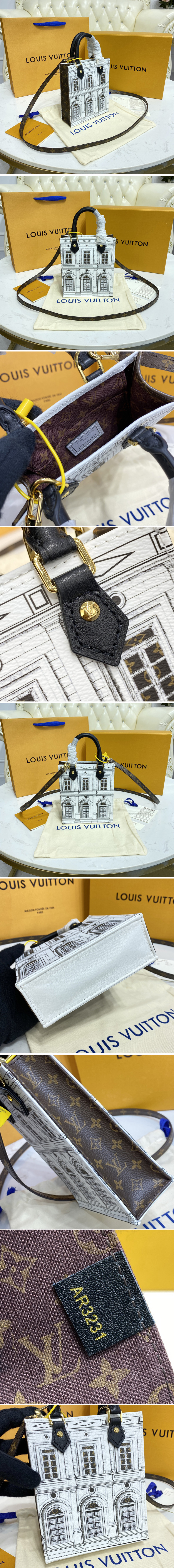 Replica Louis Vuitton M80991 LV Petit Sac Plat Bag in Black / White Printed patent calf leather