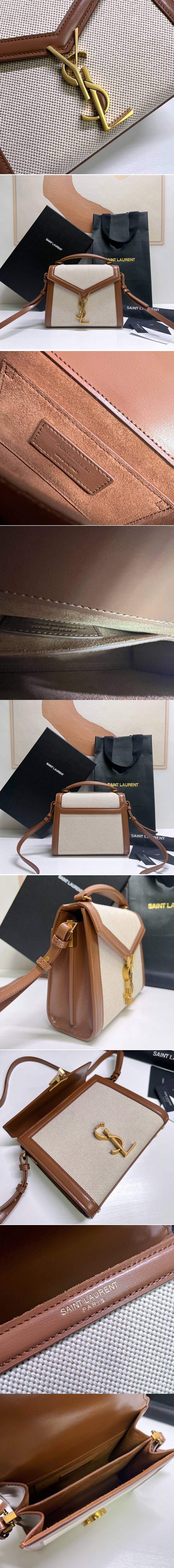 Replica Saint Laurent 623930 YSL CASSANDRA MINI TOP HANDLE BAG IN CANVAS AND Brown SMOOTH LEATHER