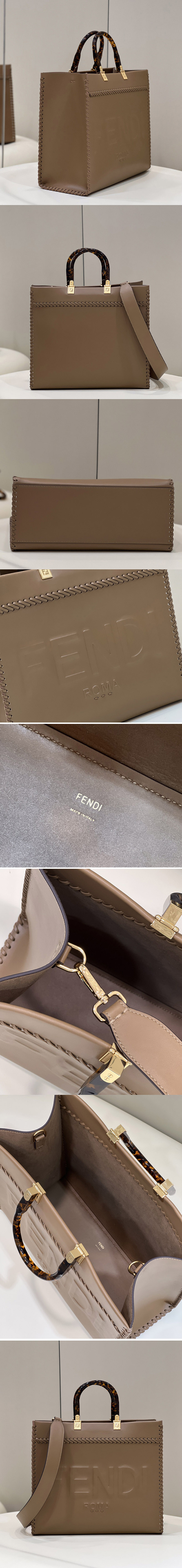 Replica Fendi 8BH386 Medium Sunshine shopper Bag in Khaki leather shopper with decorative stitching