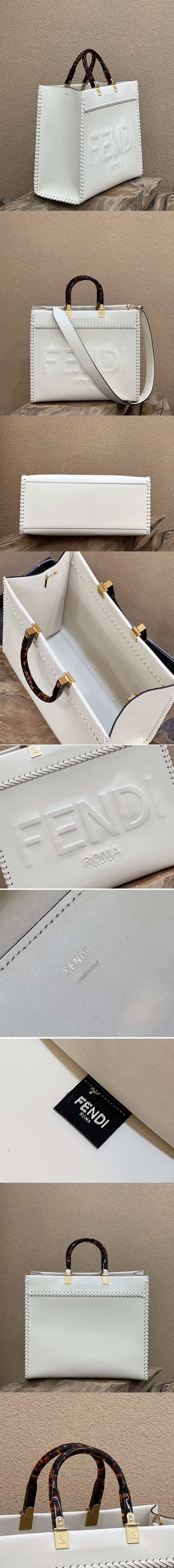 Replica Fendi 8BH386 Medium Sunshine shopper Bag in White leather shopper with decorative stitching