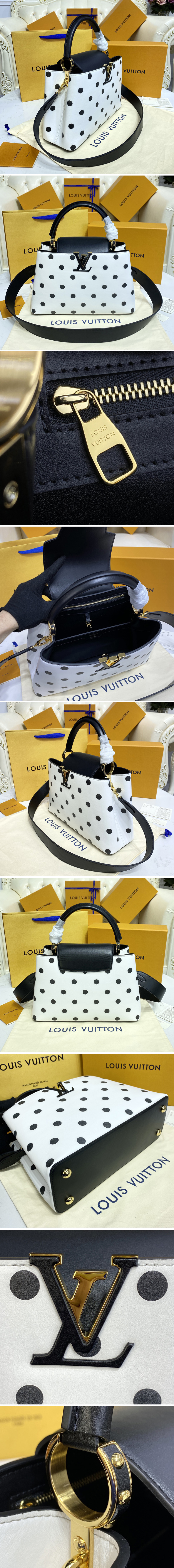 Replica Louis Vuitton M20374 LV Capucines MM handbag on Black/White Taurillon Calfskin leather