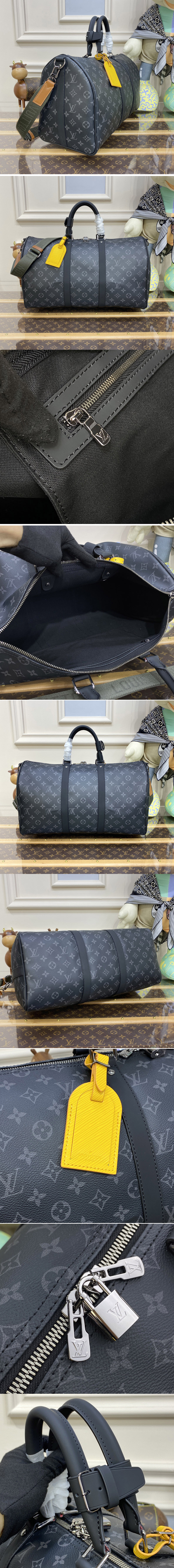 Replica Louis Vuitton M45611 Keepall 45 Bandoulière Bag in Monogram Eclipse coated canvas