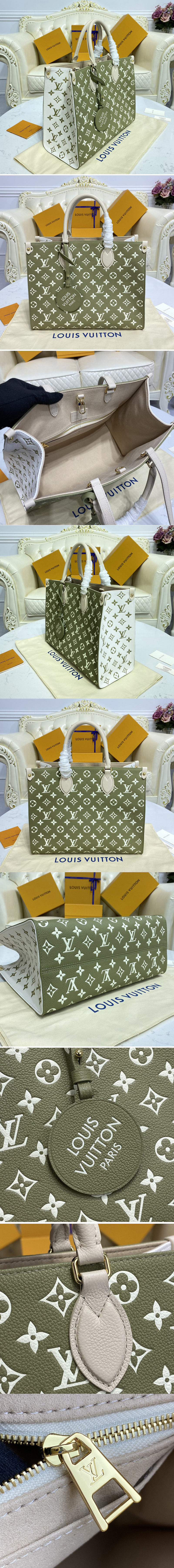 Replica Louis Vuitton M46060 LV OnTheGo tote bag on Khaki Green/Beige/Cream Monogram Empreinte Leather