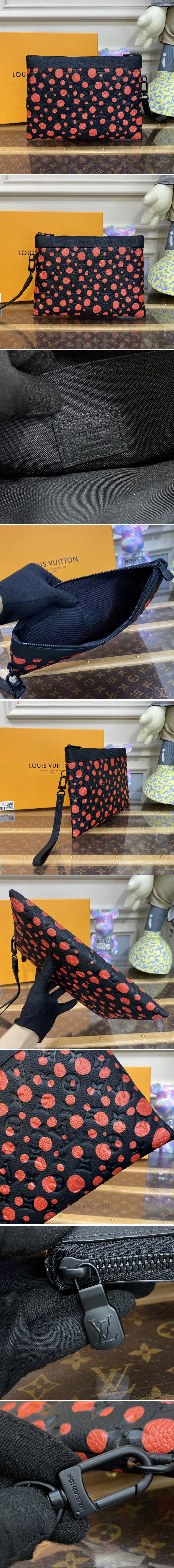 Replica Louis Vuitton M82019 LV LVxYK Pochette To Go Bag in Black and red Taurillon Monogram cowhide with Infinity Dots print
