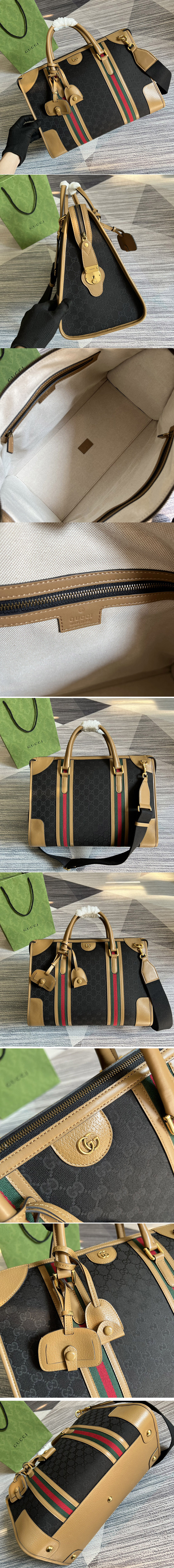 Replica Gucci 715671 Bauletto Large Tote bag in Black GG Canvas With Brown Leather