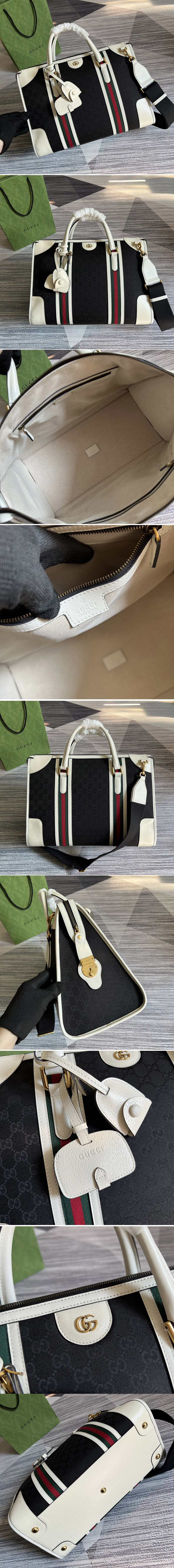 Replica Gucci 715671 Bauletto Large Tote bag in Black GG Canvas With White Leather