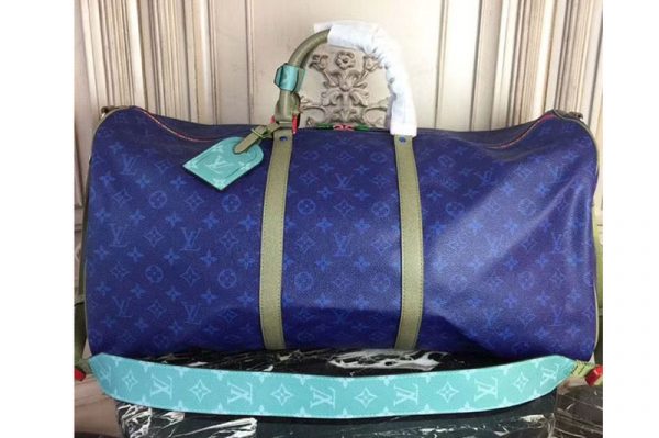 Replica Louis Vuitton M43858 Keepall Bandouliere 55 Monogram Blue Canvas Bags