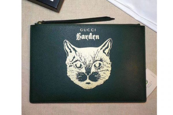 Replica Gucci Garden Cat Print Calfskin Pouch 516928 Green